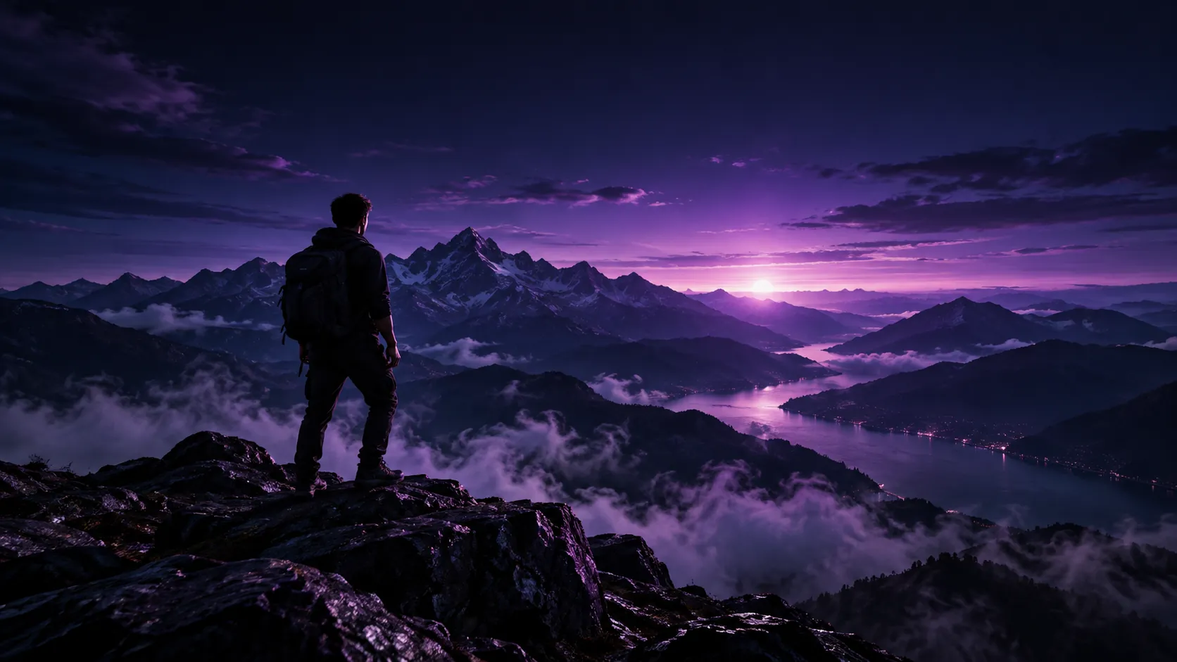 A traveler overlooking purple mountains at sunset, symbolizing exploration and growth