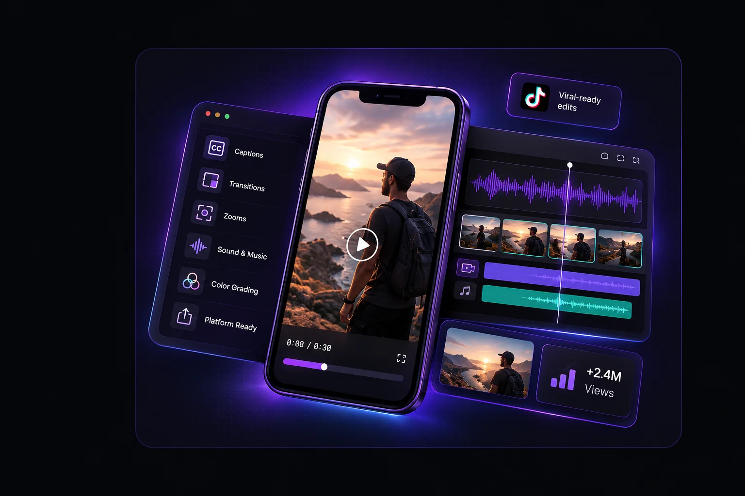 Creative short-form video editing composition with a vertical video preview, editing timeline and production tools.