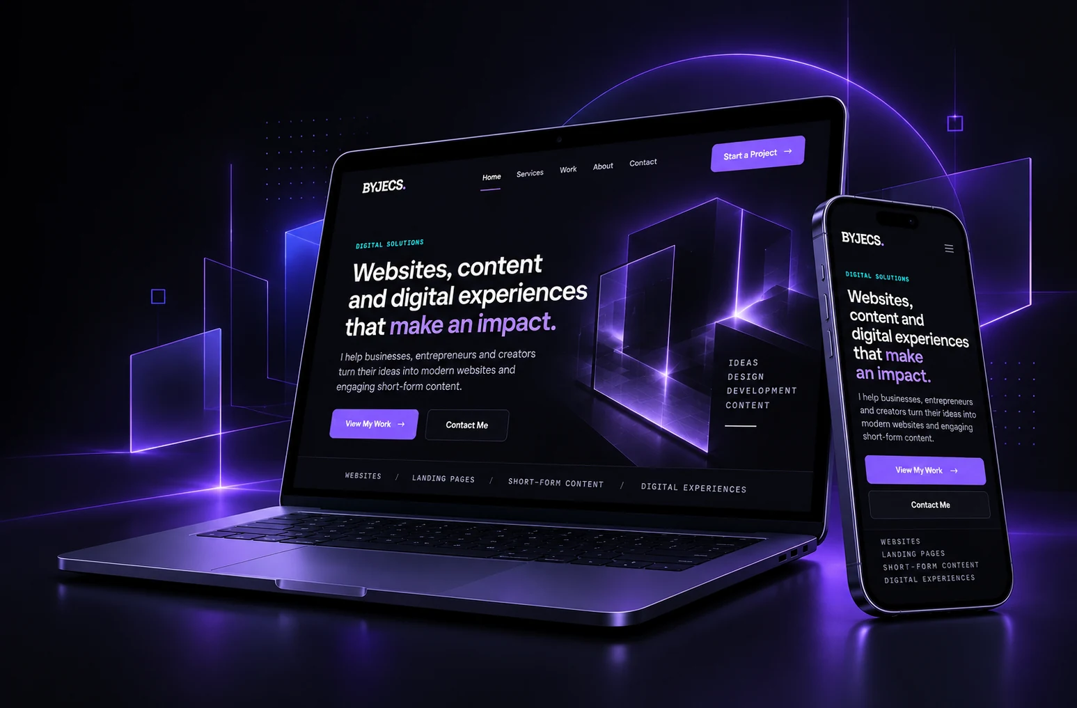 Laptop and smartphone displaying a dark BYJECS website concept with purple geometric elements.